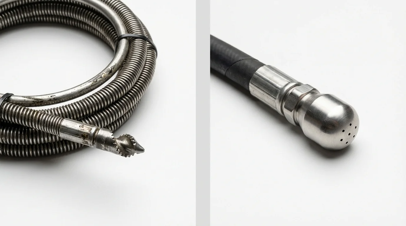 Drain snake cable and hydro jetting nozzle used for drain cleaning in Hancock, MI