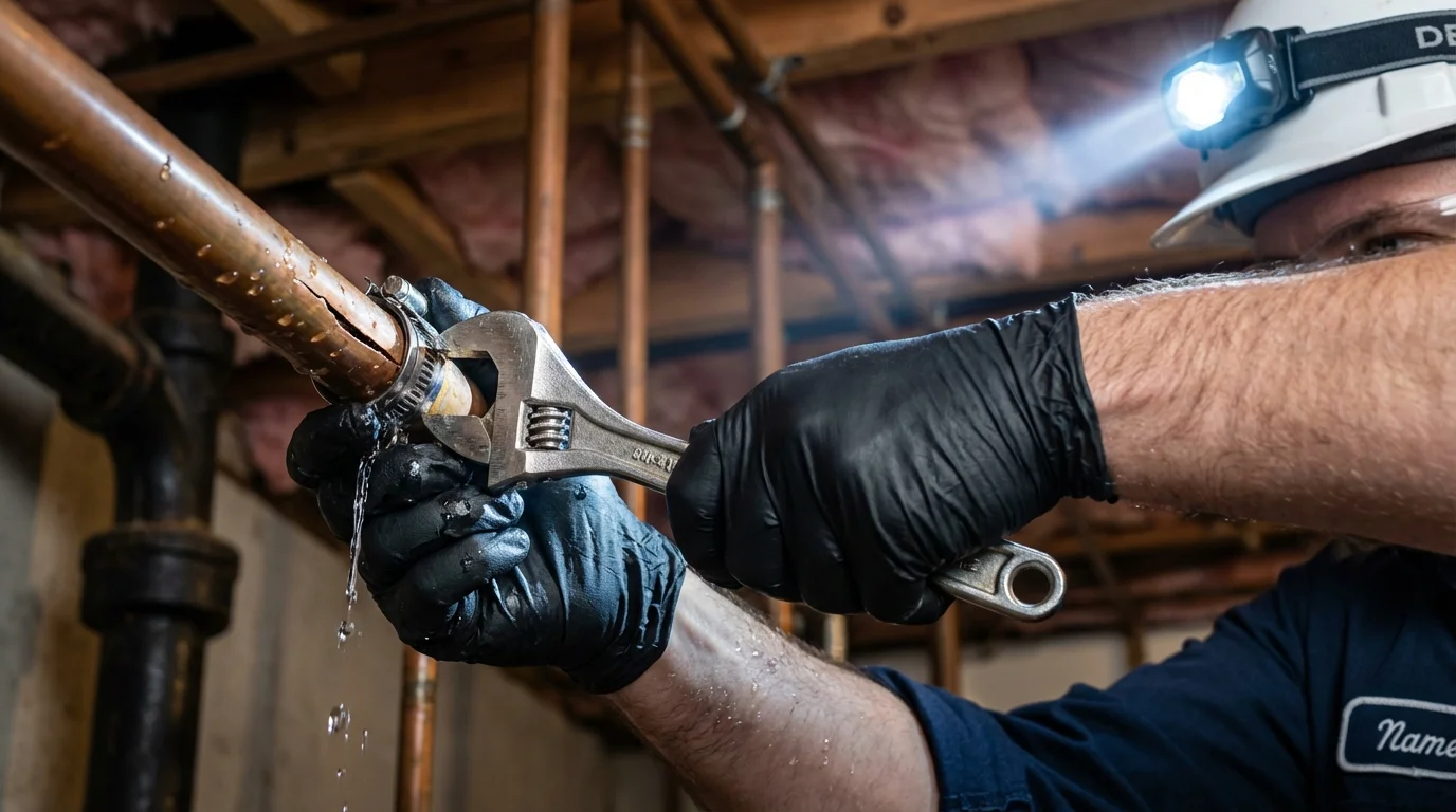 Emergency pipe clamp repair being performed by a Johns Plumbing LLC plumber in Hancock