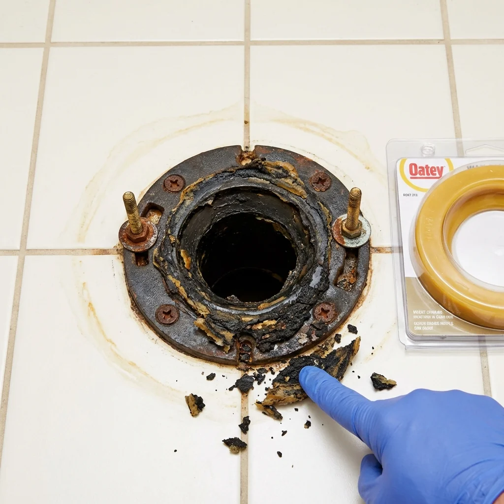 Failed wax ring showing water seepage at the base of a toilet in a Hancock, MI home