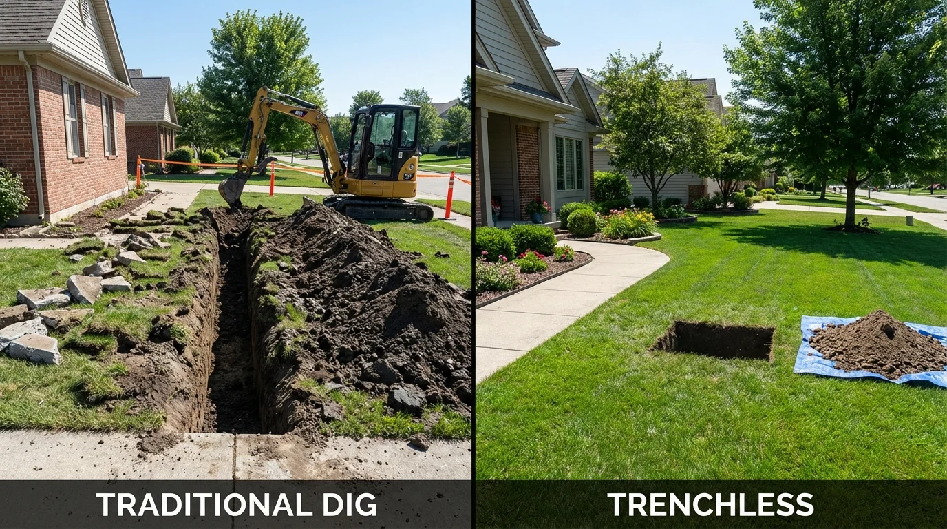 Trenchless sewer repair with minimal yard damage versus traditional excavation in Hancock, MI